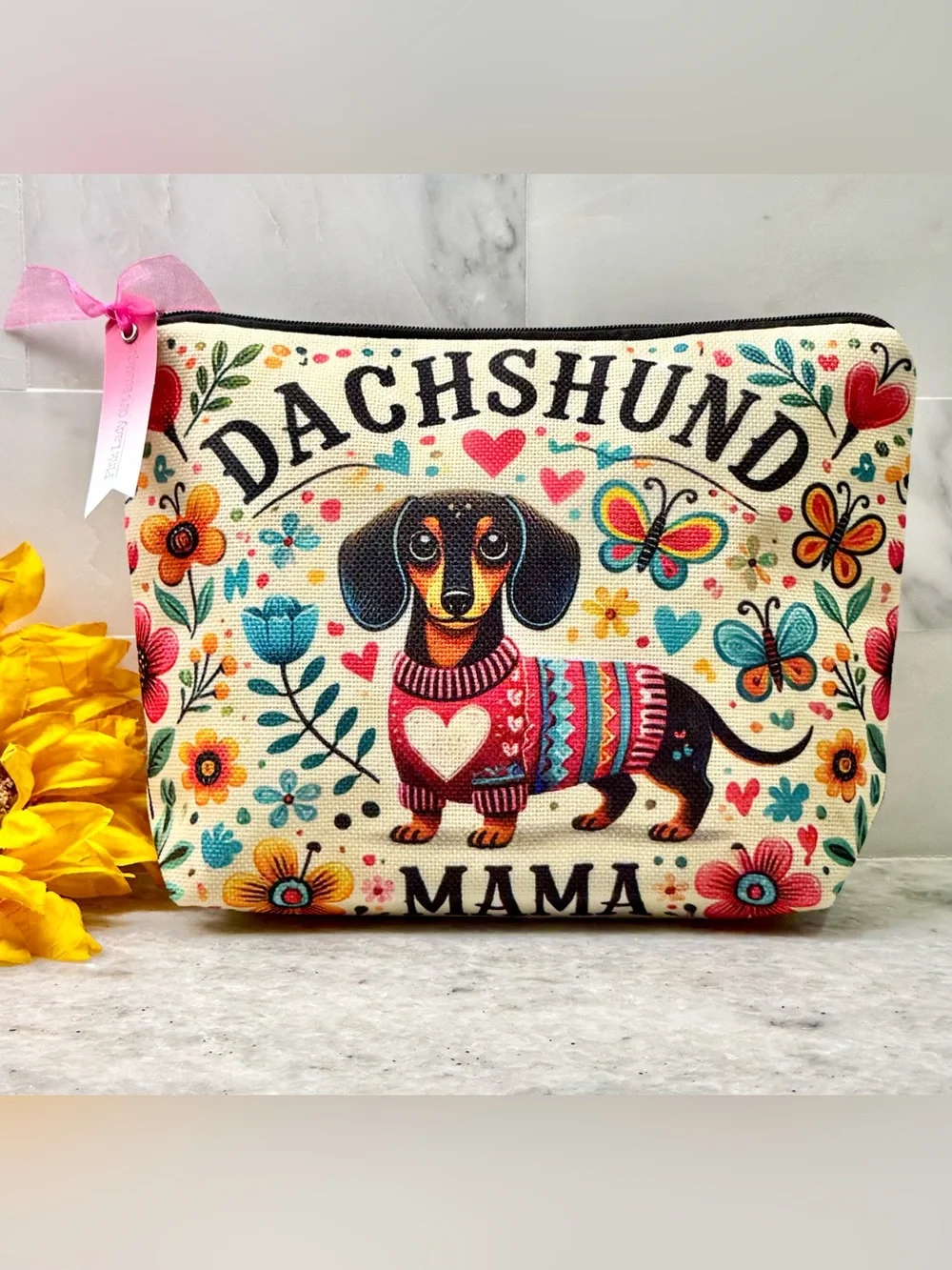 New Dachshund Mama Makeup Charger Dog Supplies Zippered Bag w/ Charm - 9.5”